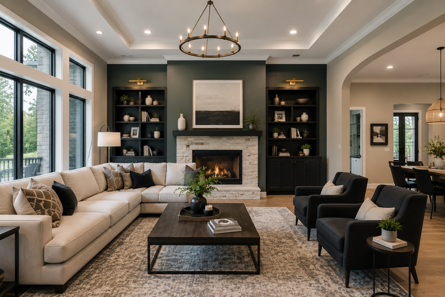 Elegant bedroom with a large bed, chandelier, warm neutral decor, and a sitting area
