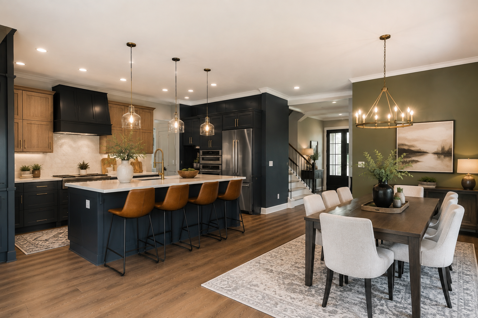 Modern open-concept kitchen and dining area with dark cabinets, island seating, and a chandelier over a round table