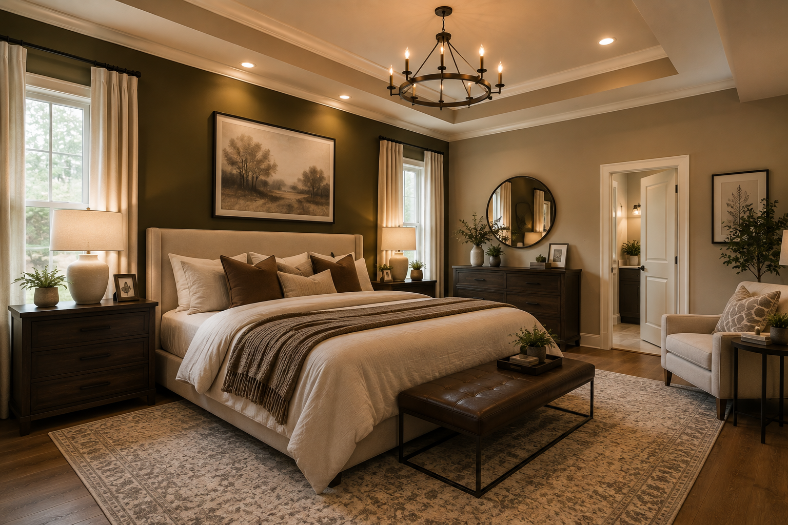 Elegant beige bedroom with a large bed, chandelier, bench, and soft window light