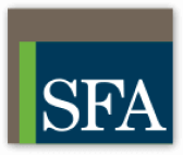 SFA logo with white letters on a blue rectangle, with a green stripe and gray background