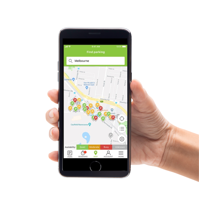 A person is holding a cell phone with a map on the screen.