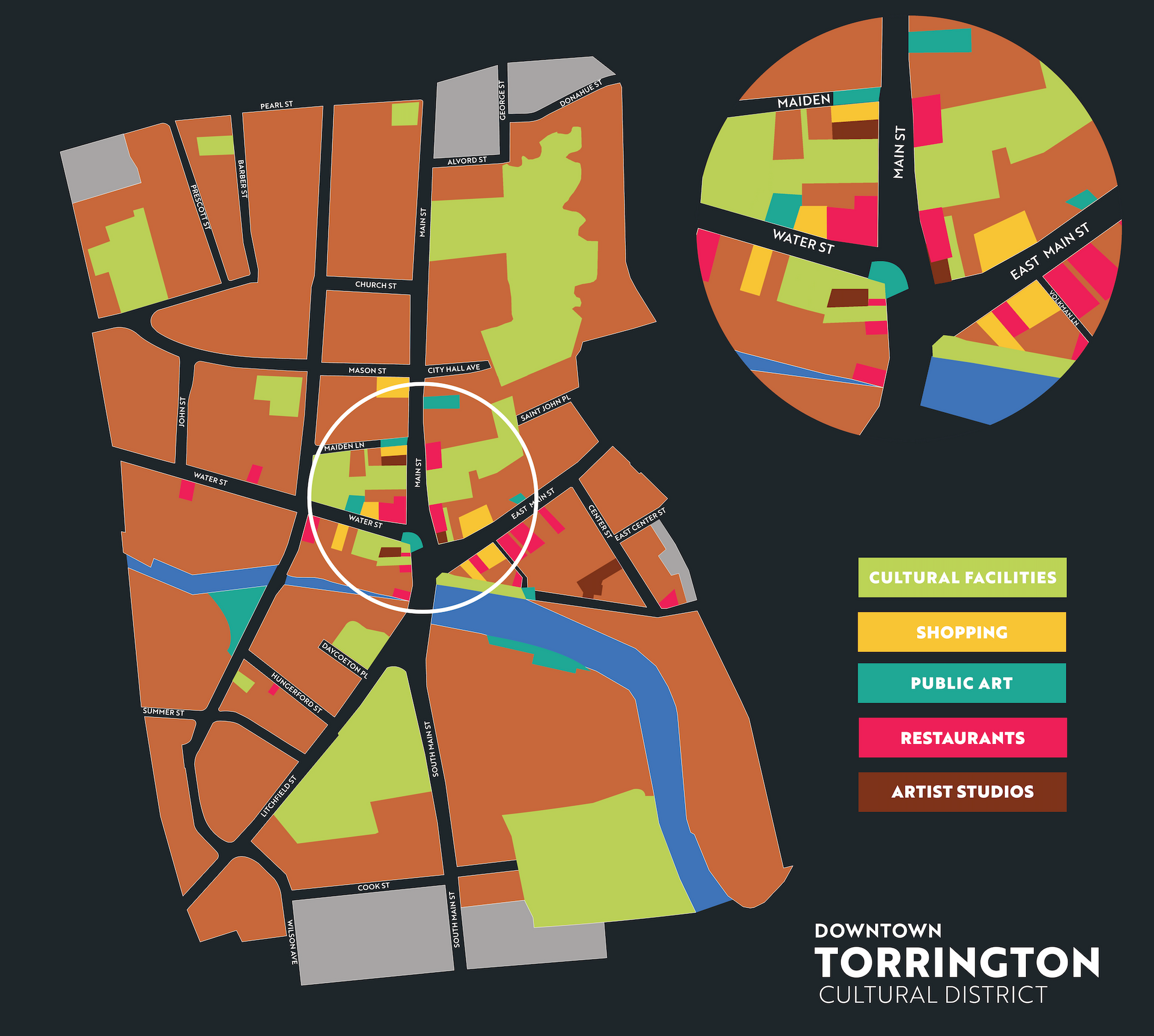 A map of the downtown torrington cultural district