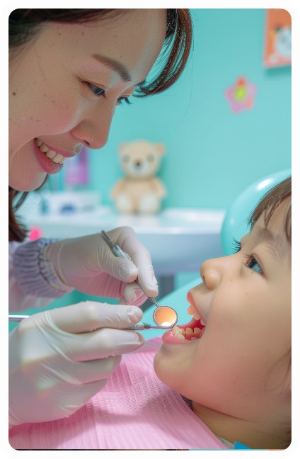 Dentist examining a child's teeth in a clinic. The dentist smiles, wearing gloves, and uses a mirror tool.