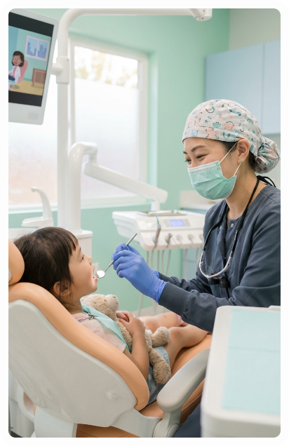 A dentist in scrubs and a mask uses a dental mirror to examine a child, who holds a stuffed toy while in the exam chair.