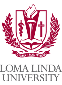 Loma Linda University logo featuring a shield with a torch, serpent, and cross, with the motto