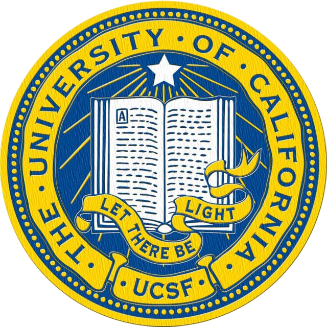 Seal of the University of California, San Francisco: blue and gold emblem with open book, star, and text.