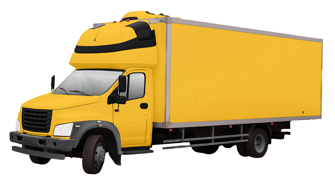 A yellow truck with a black roof is on a white background.