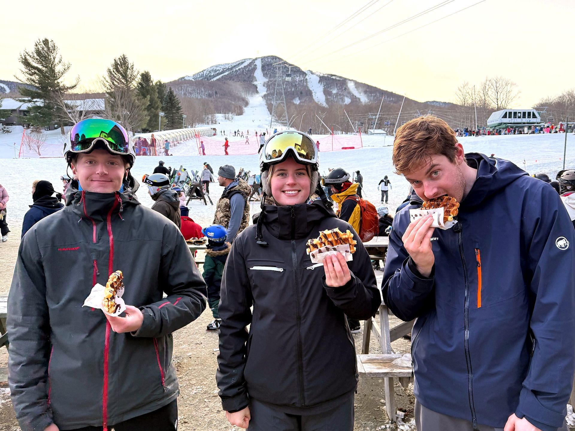 Apres-ski waffles with friends after a day at Burke Mountain