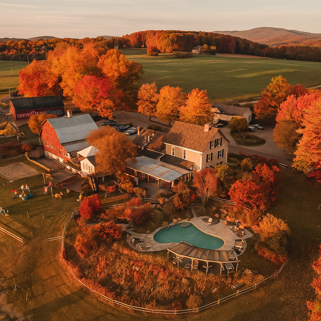 Aerial view of The Wildflower Inn barns and grounds in peak fall foliage on Darling Hill, Lyndonvill
