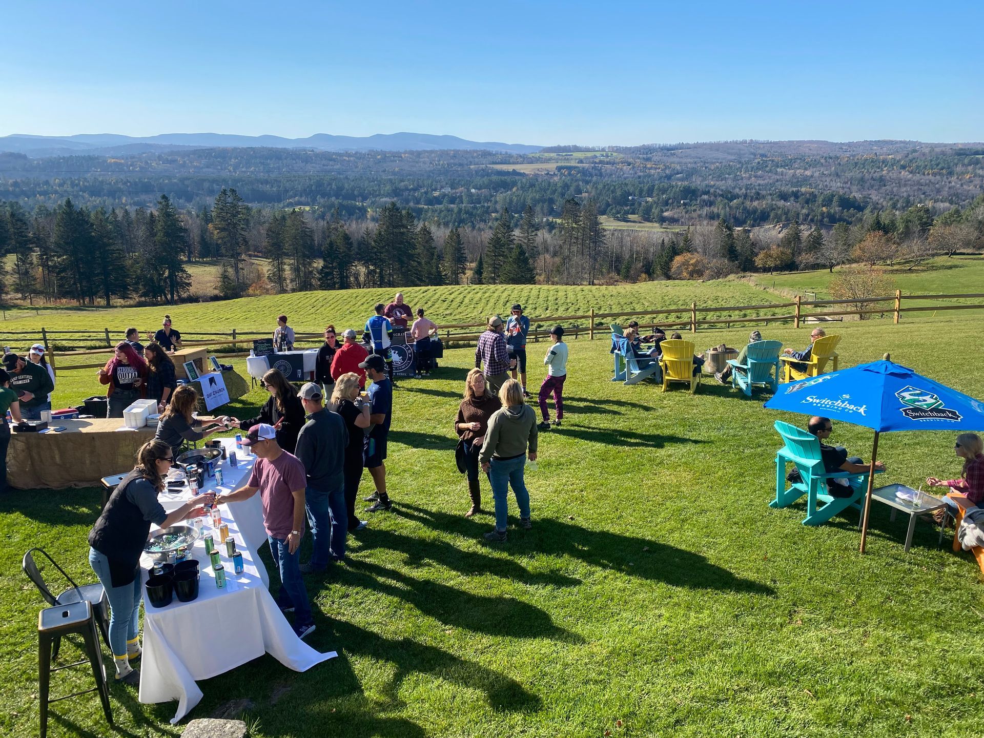 Outdoor gathering on a sunny hillside with people mingling around tables, overlooking a distant landscape.