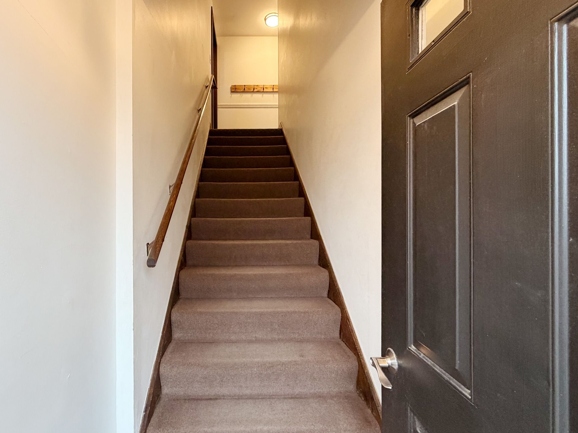 Narrow carpeted staircase in a hallway with white walls and a wooden handrail