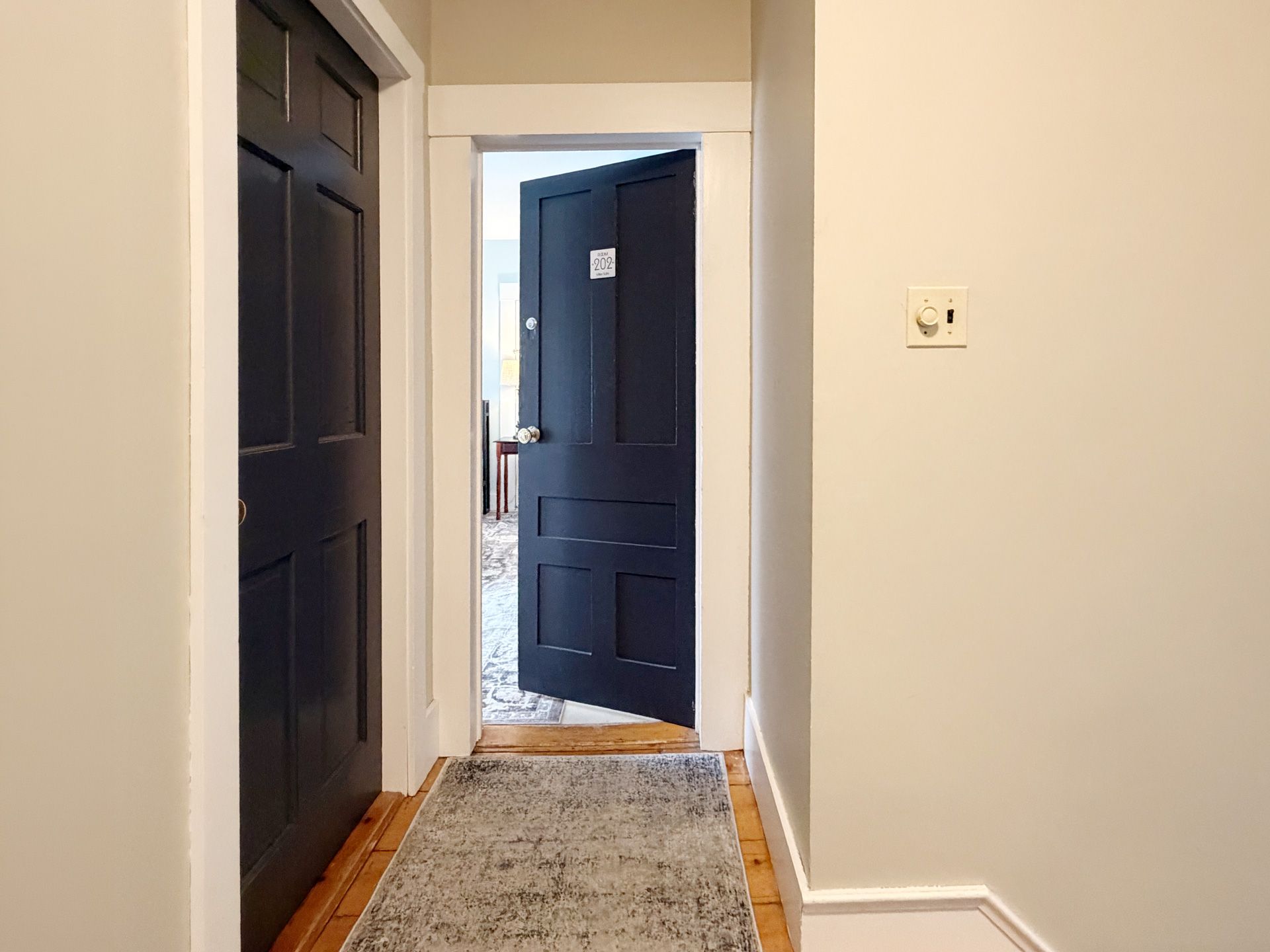 Interior hallway with dark blue front door open to a tiled entryway and light walls.