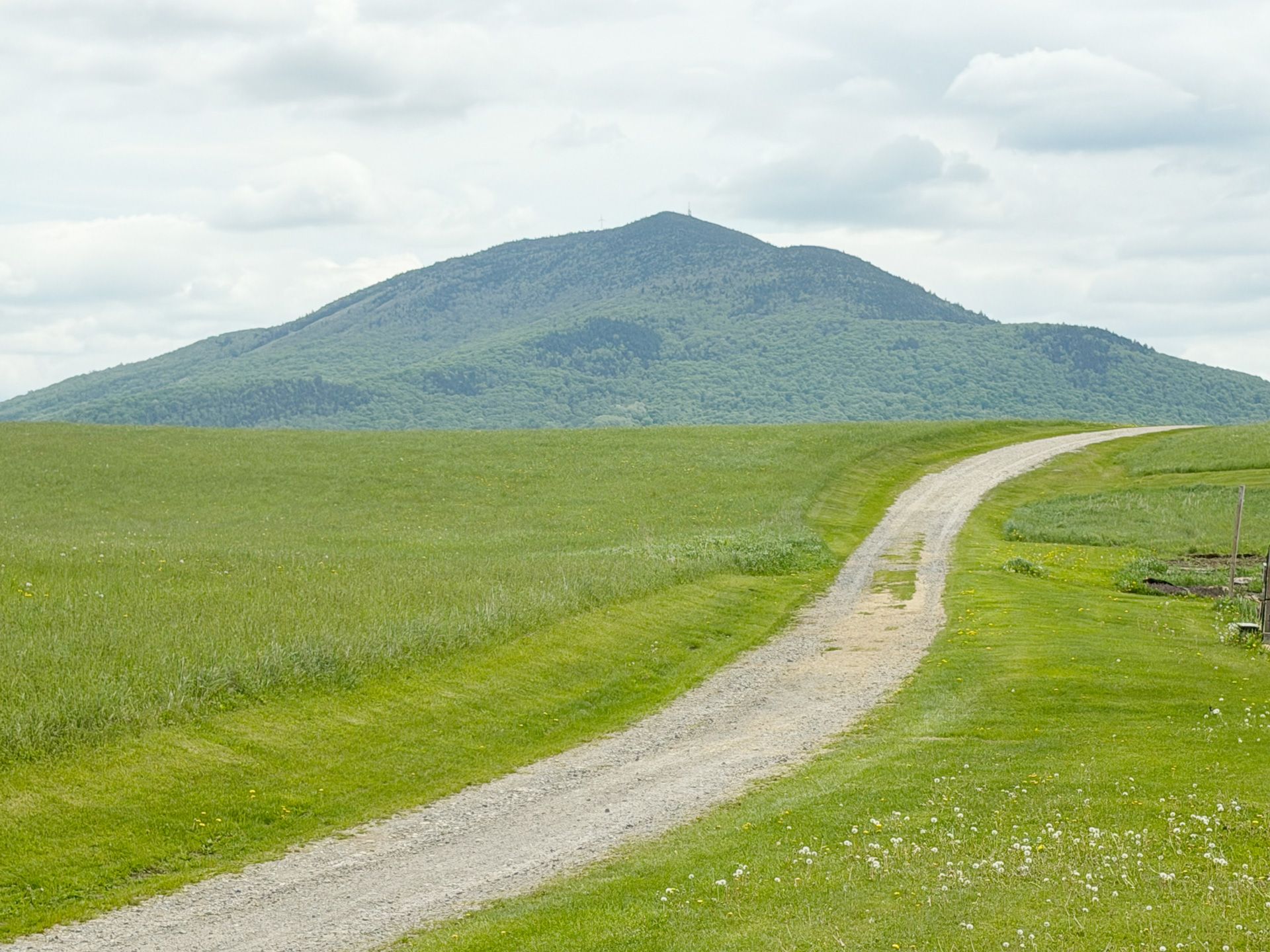 Winding dirt path through green fields toward a distant mountain under a cloudy sky
