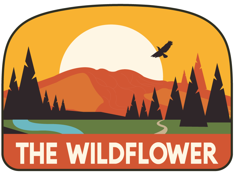 The Wildflower logo with sunset mountains, trees, river, and a flying bird