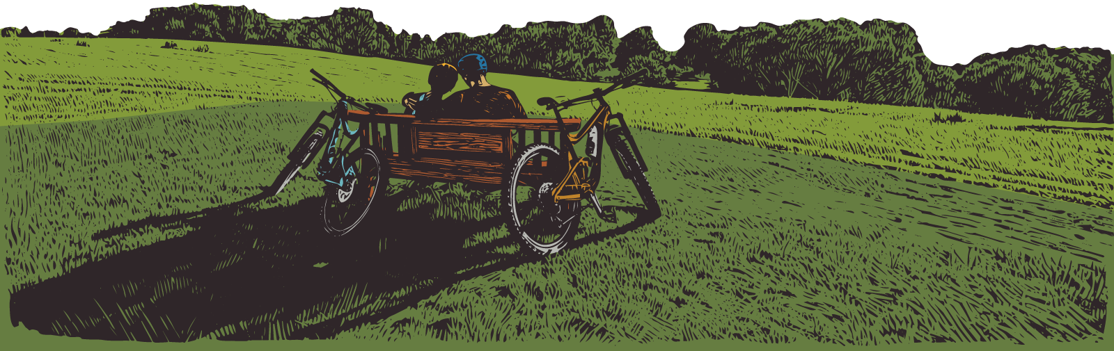 A red three-wheeled bicycle on a grassy field under bright sunlight, with trees in the background.