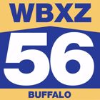 Logo for WBXZ Channel 56 Buffalo, featuring large white text on a blue shield shape against a yellow background.