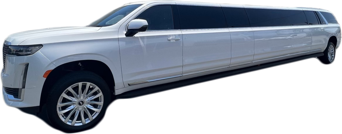 A long, white Cadillac stretch limousine parked against a plain white background.