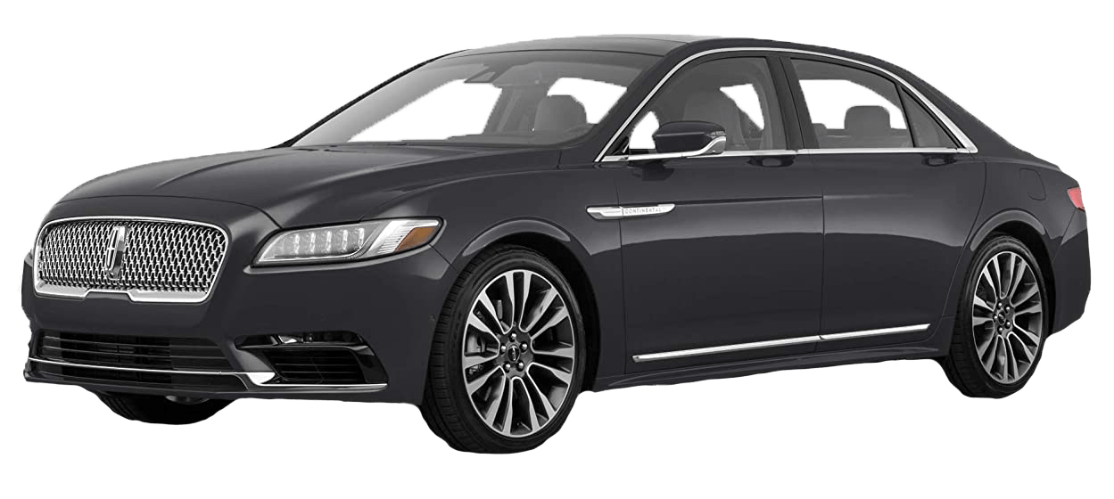 A dark gray Lincoln Continental luxury sedan viewed from a front-quarter angle against a white background.