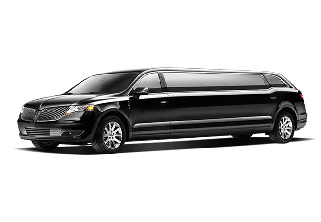 A sleek, black stretched limousine parked against a white background.