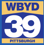 Logo for WBYD channel 39 in Pittsburgh, featuring bold blue text and the number 39 on a blue background with tan borders.