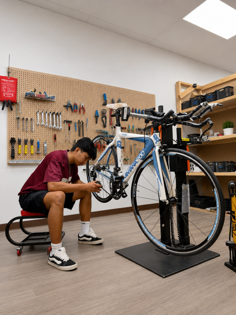 Person fixing a road bike in a workshop with tools on the wall