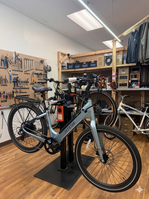 Two electric bikes on a shop display stand in a bike repair workshop.