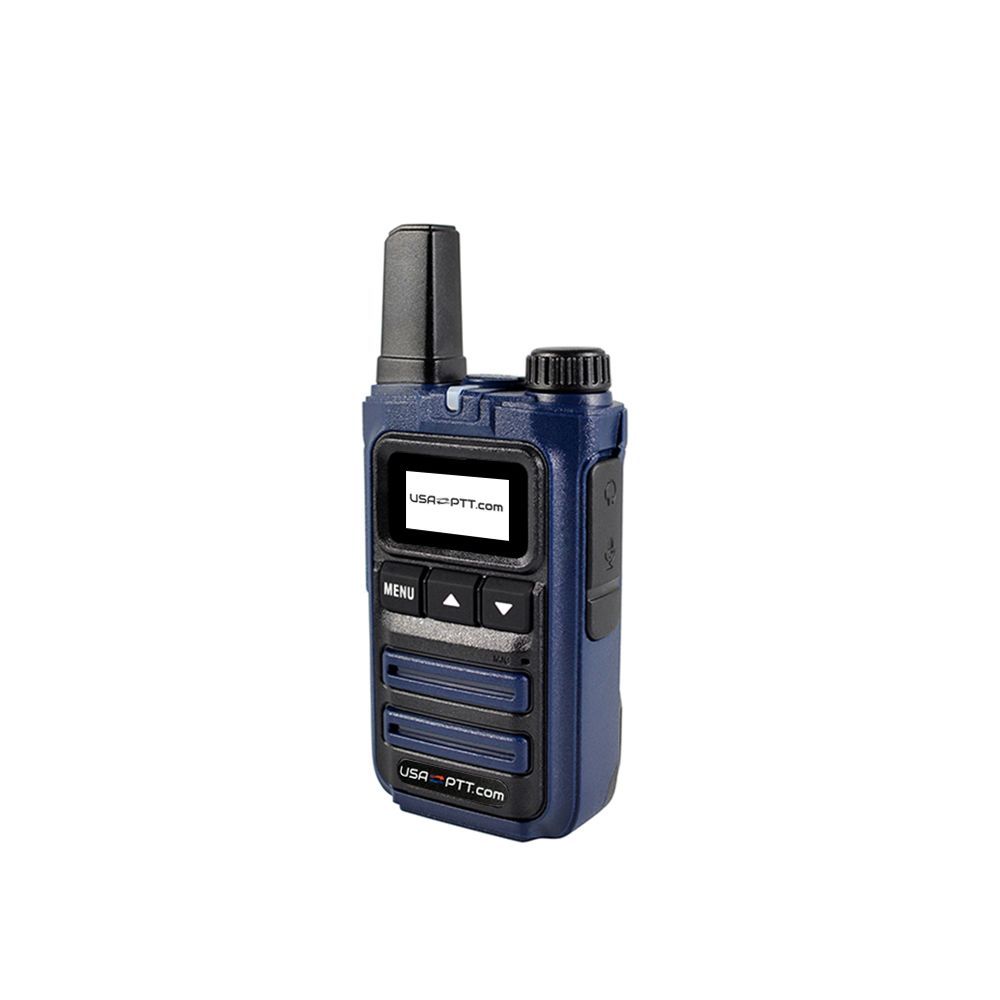 A blue walkie talkie with a screen on a white background.