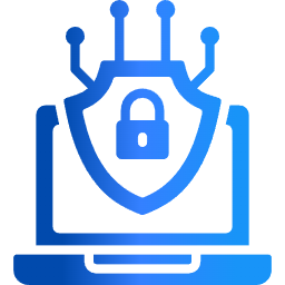 A blue shield with a lock icon over a laptop, representing cybersecurity.