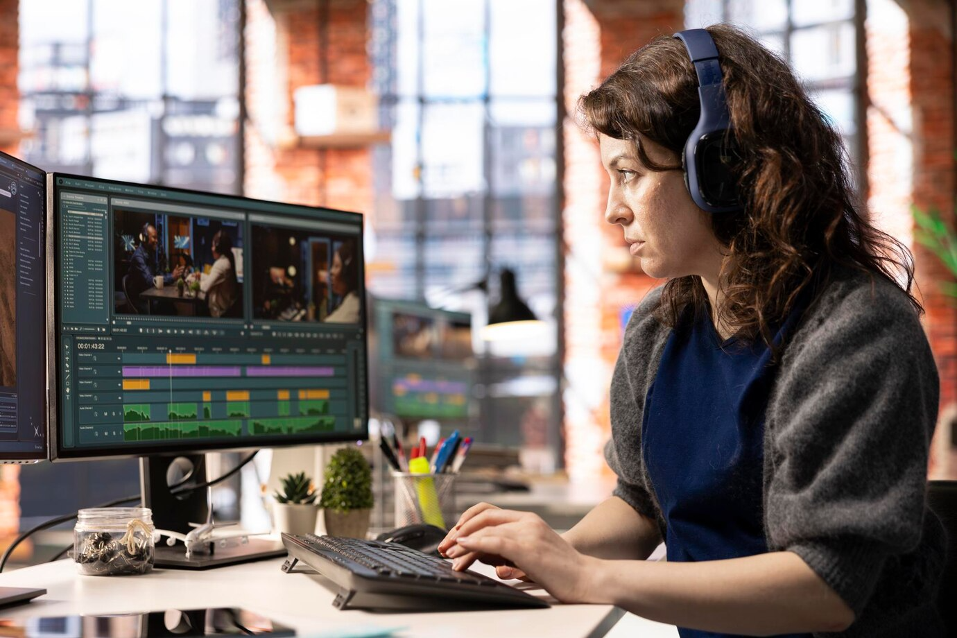 Woman editing video on a computer, wearing headphones. She is in an office with brick walls, focused on her work.