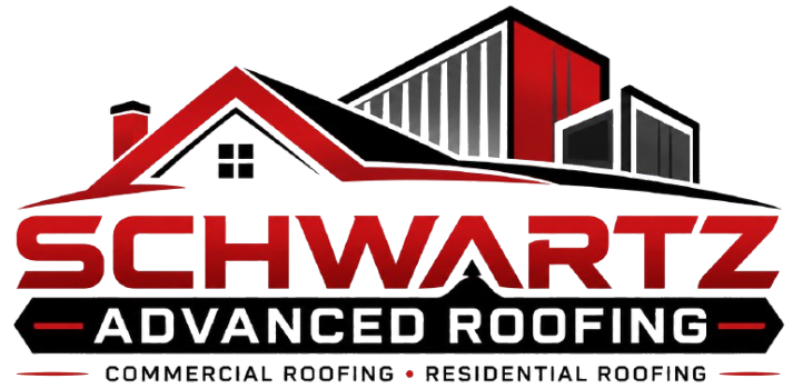Schwartz Advanced Roofing logo with red and black roof graphic and company name text
