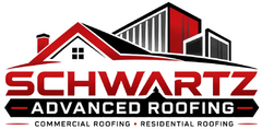 Schwartz Advanced Roofing logo with red and black roof graphic and company name text