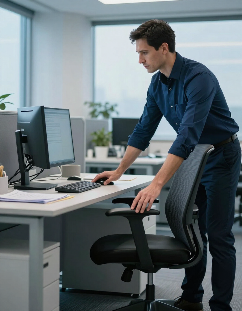 Ergonomics specialist conducting a one-to-one workstation assessment