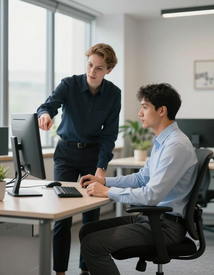 Ergonomics assessor reviewing workstation setup with employee