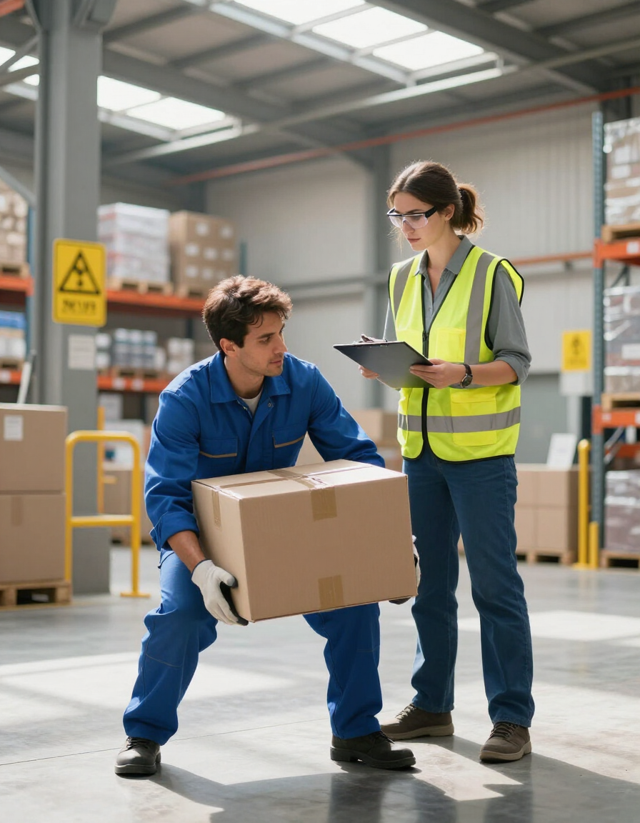 Ergonomics specialist observing warehouse worker performing manual handling
