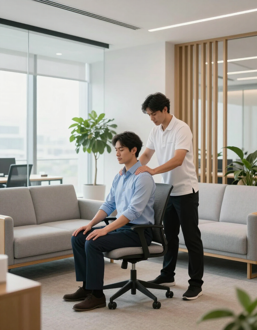 On-site massage therapist working with employee in office
