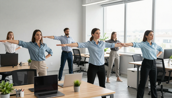 Office employees doing guided desk stretch session