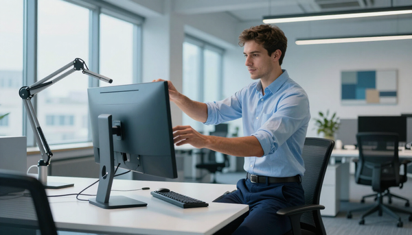 Ergonomics specialist adjusting monitor height