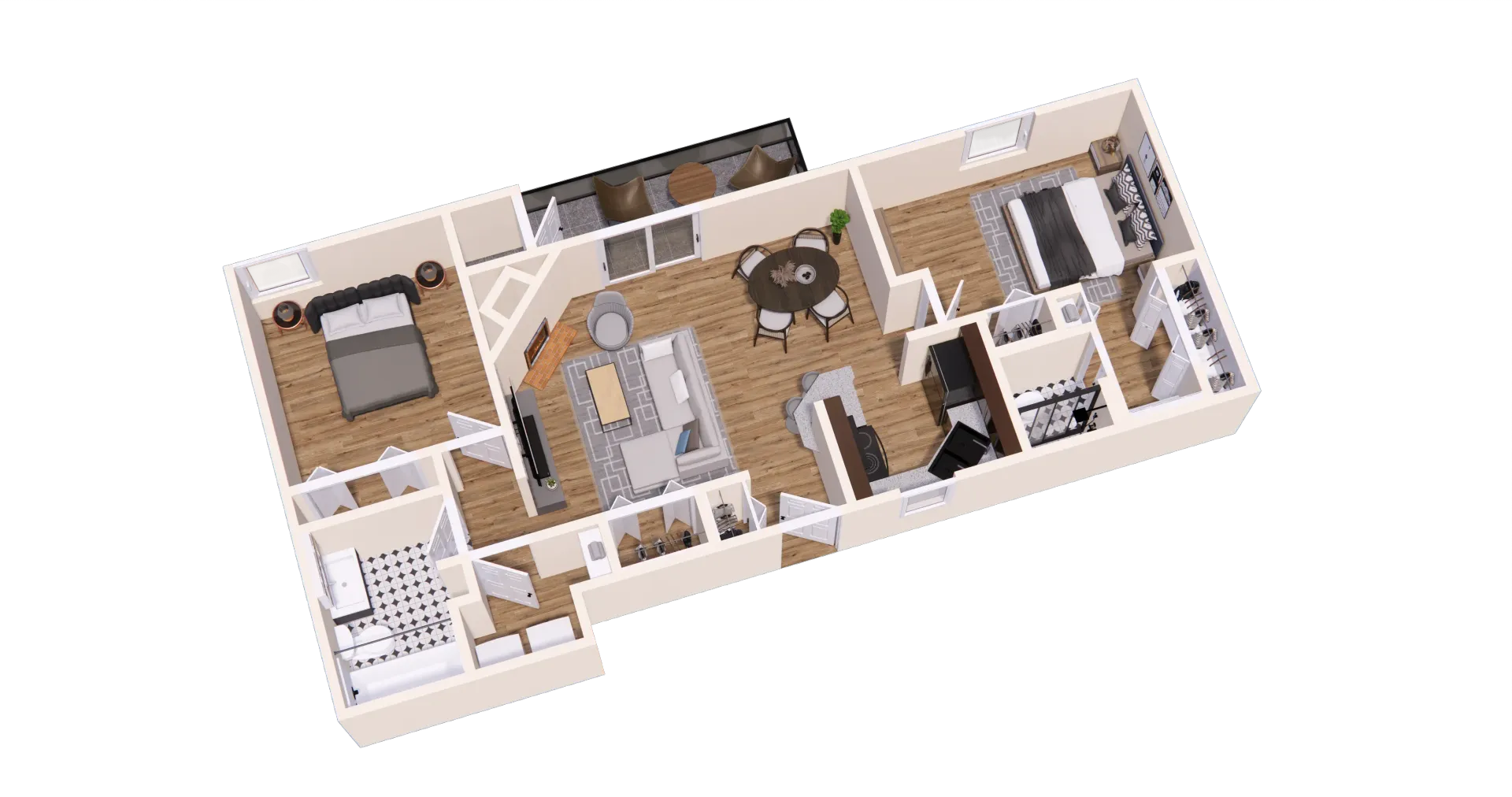 Floor plan of an apartment: two bedrooms, living room, dining area, kitchen, and two bathrooms.