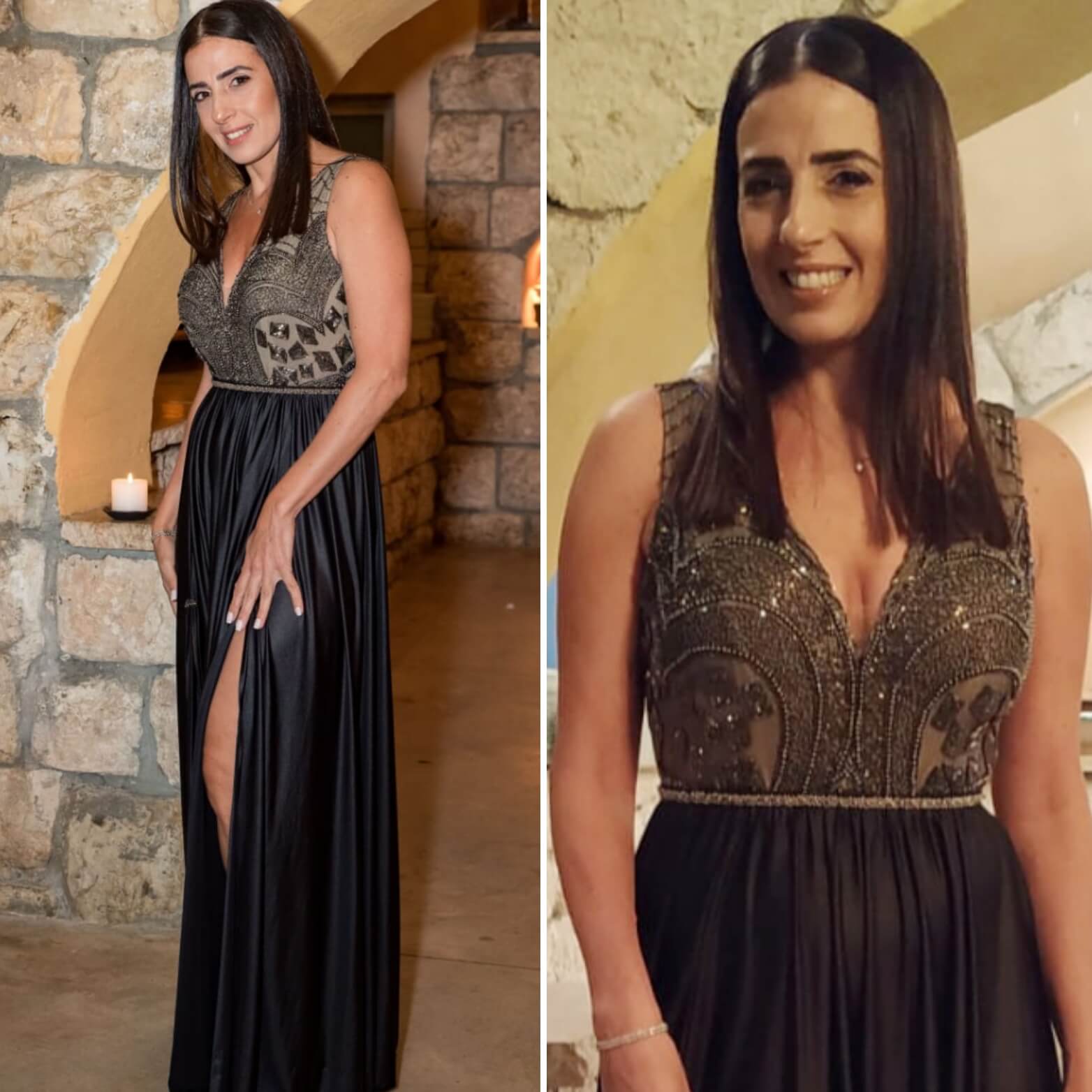 אישה בשמלת ערב שחורה עם מחוך מעוטר, מחייכת בתפאורה עם קירות אבן.