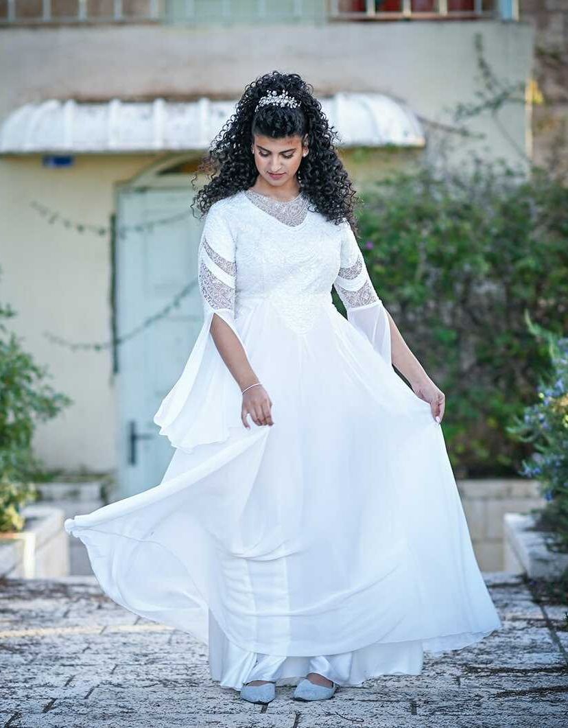  שמלת כלה צנועה שרוולי שיפון נפוחים