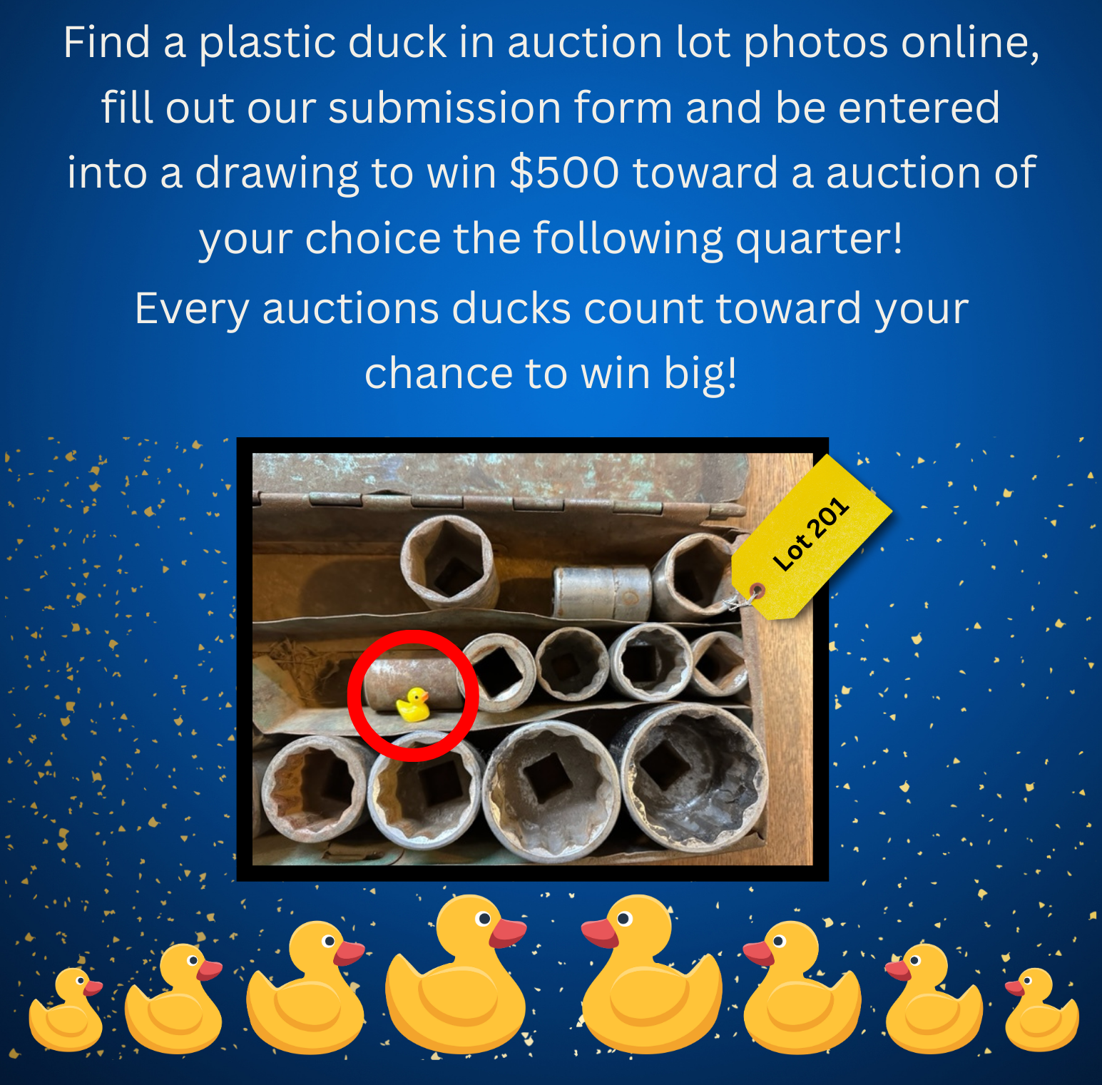 Contest graphic: Find a rubber duck in auction photos to win $500. A duck is circled in a tools lot photo.