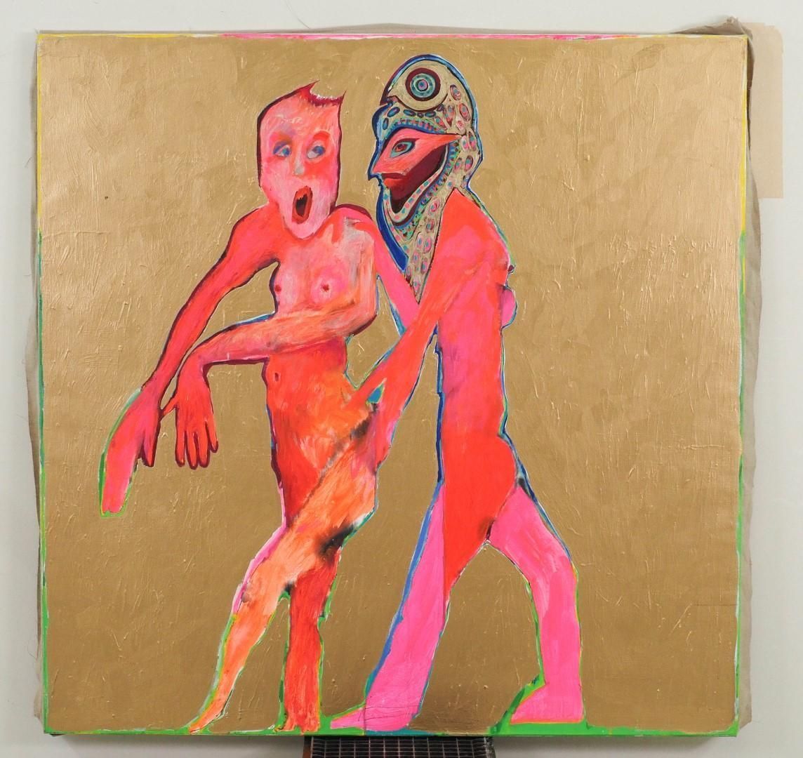 Two figures painted on gold background, one startled, the other with headwear, gesturing, in red and pink.