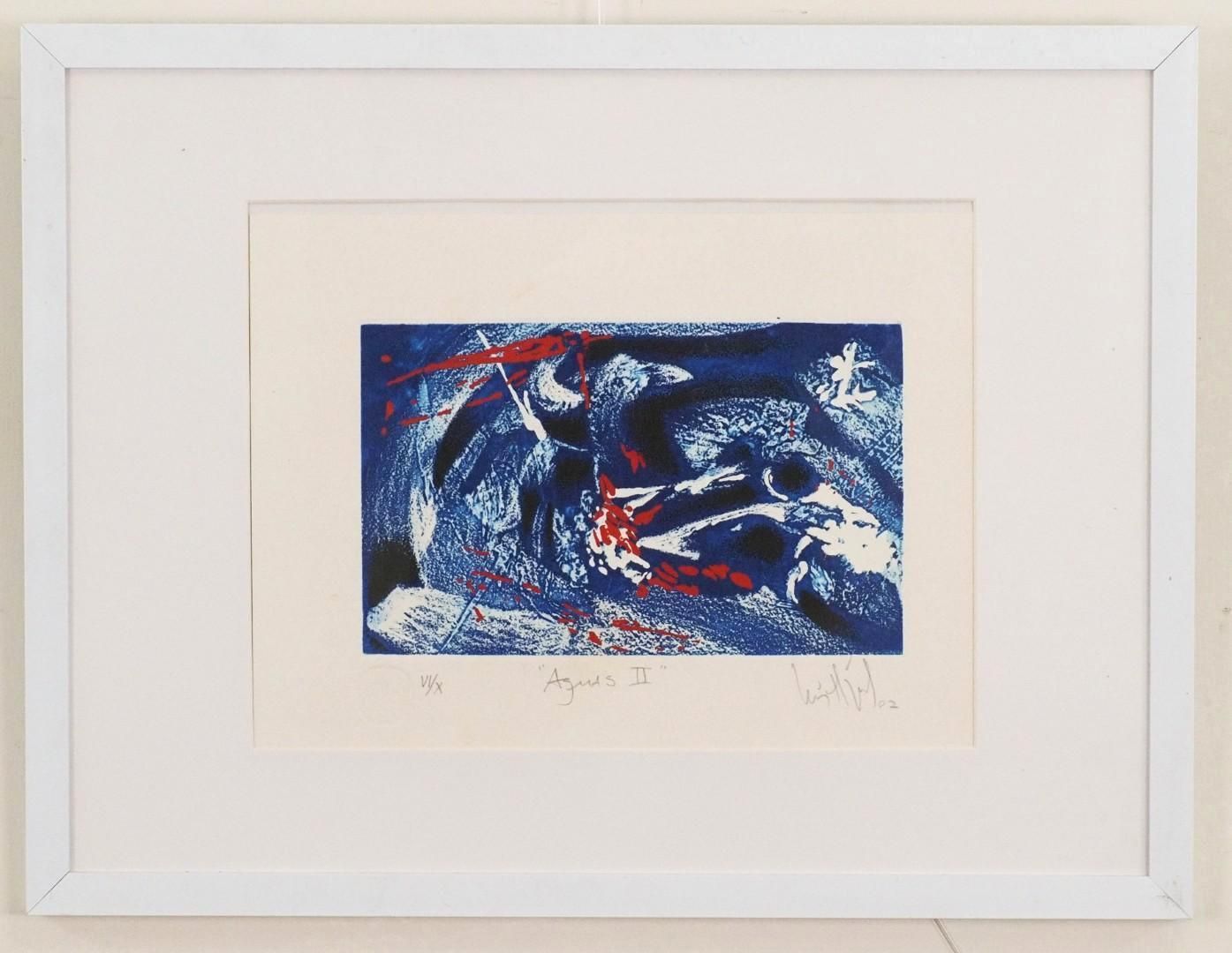 Abstract print with blue and red brushstrokes, framed in white.