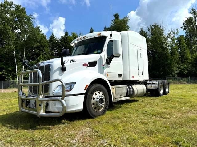 White semi-truck parked on grass, with a brush guard, against a backdrop of trees and a blue sky.