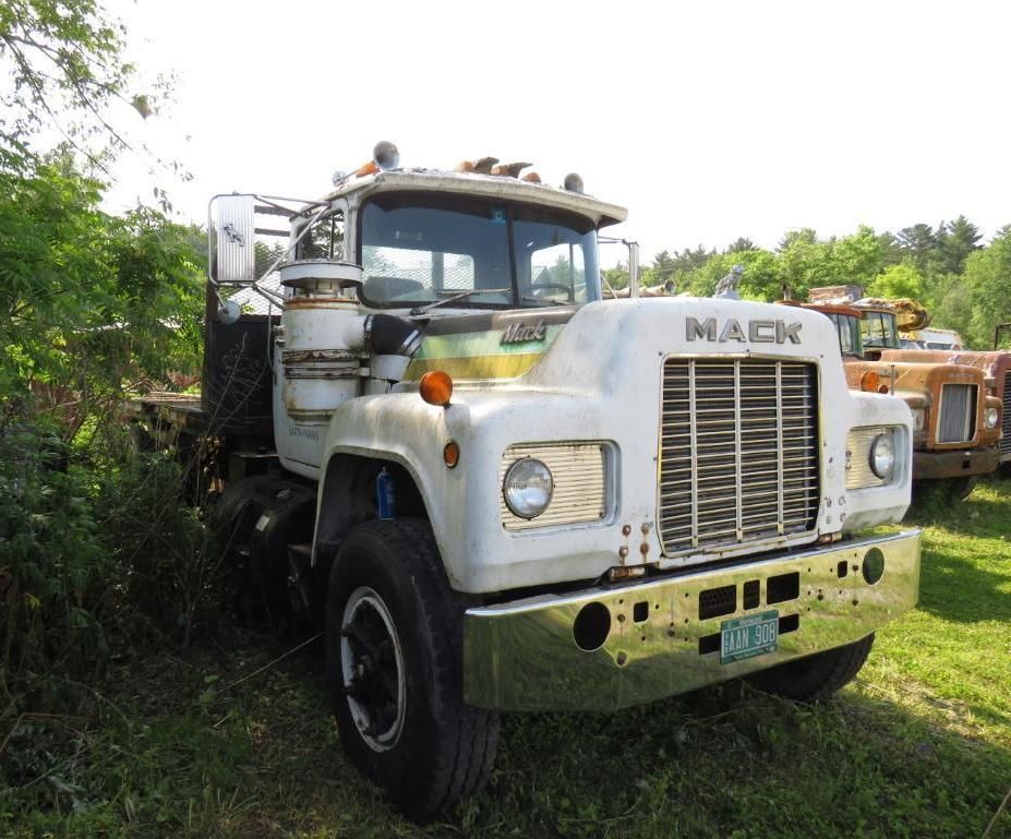 White Mack truck with chrome bumper in a grassy area.
