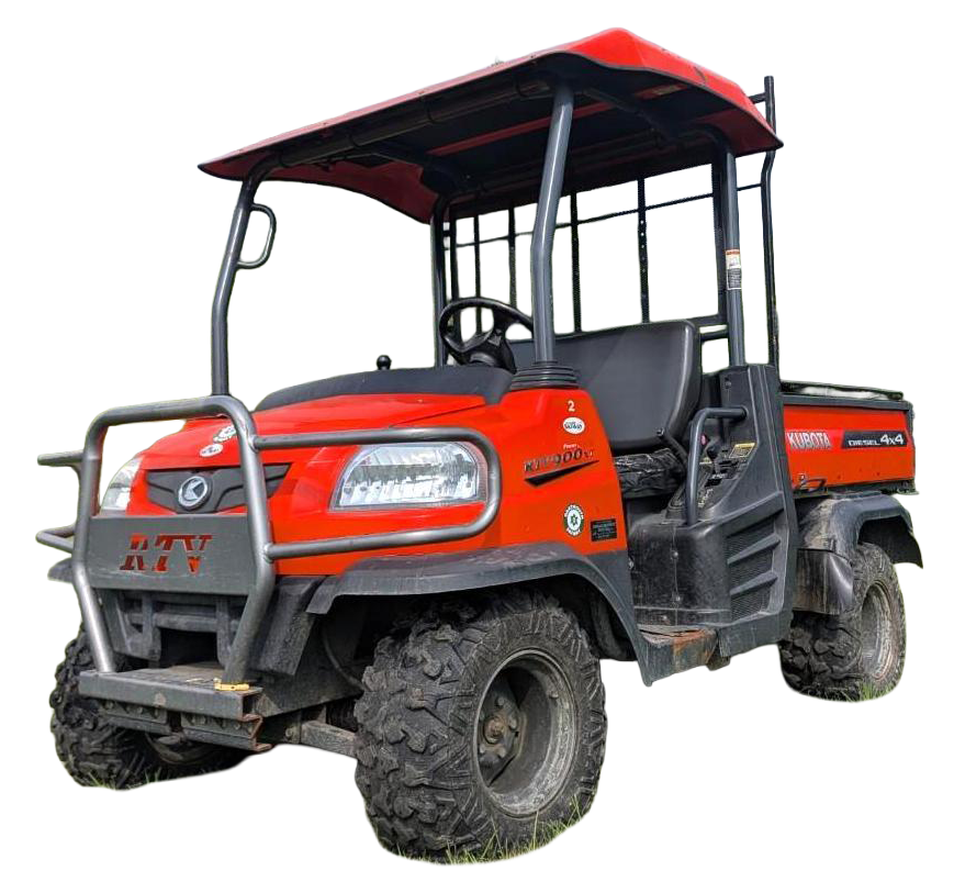 Red ATV utility vehicle with black roof and tires, viewed from the front-left side on a white background