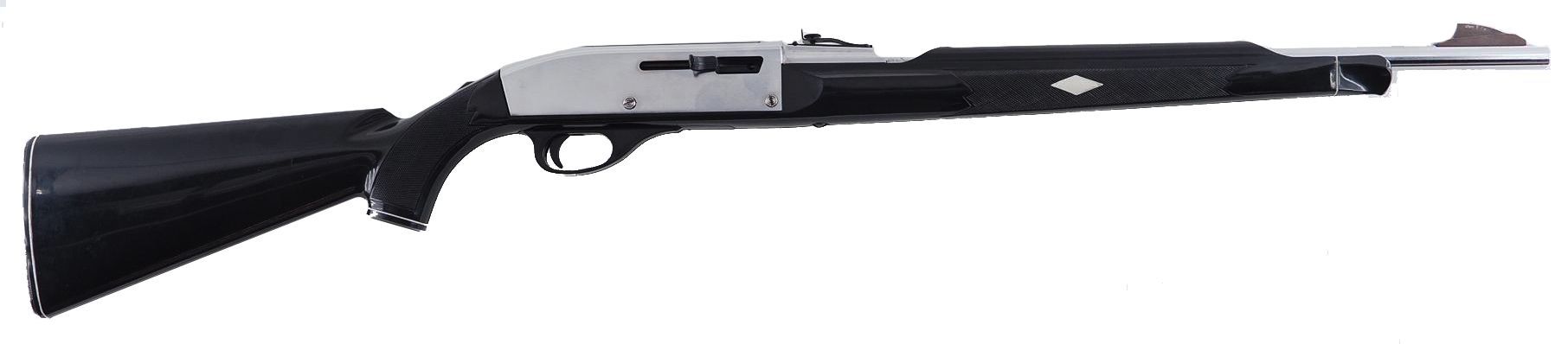 Shotgun with black stock and forend, silver receiver and barrel.