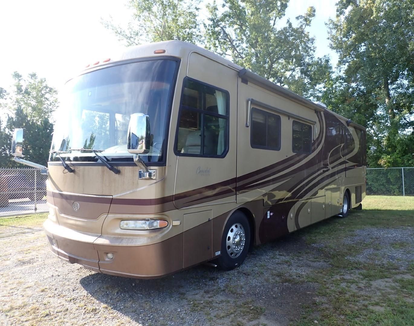 Tan and brown RV parked on gravel, trees in background, sunny day.