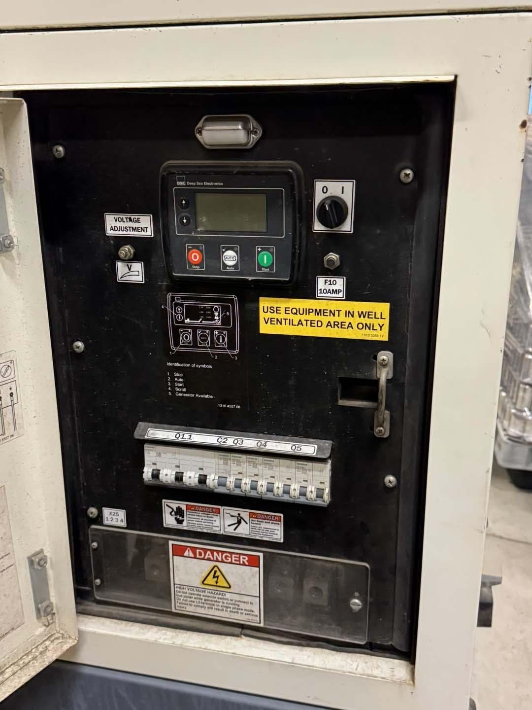 Generator control panel with digital display, switches, and circuit breakers. Beige and black, indoors.