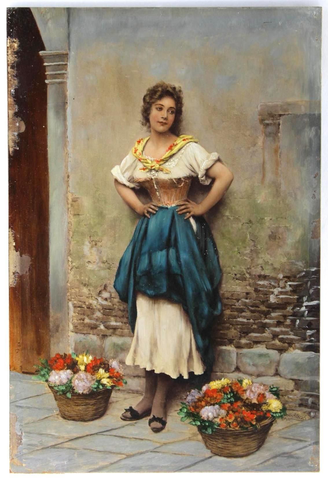 Woman in traditional dress poses by baskets of flowers, leaning on a brick wall.